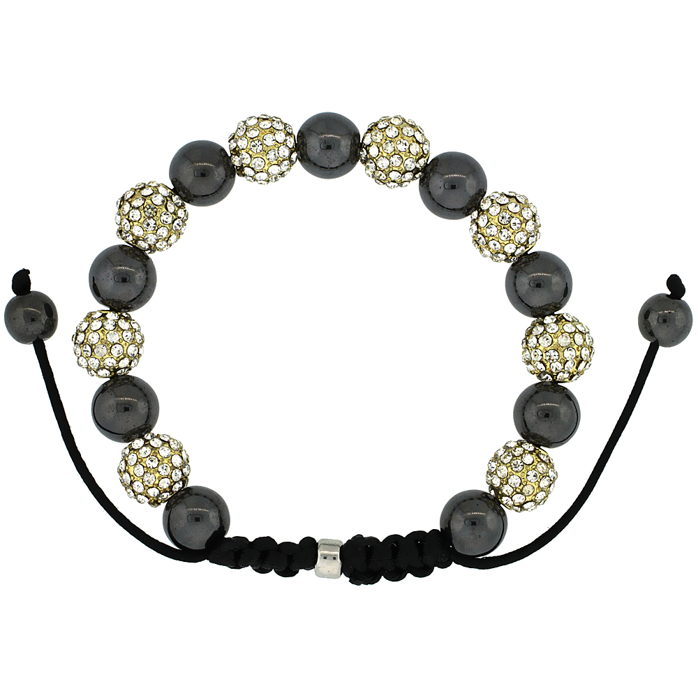 10mm Shamballa Inspired Yellow Crystal Ball Bracelet Tibetan Macrame with Faceted Black Beads, 8- 9 inch