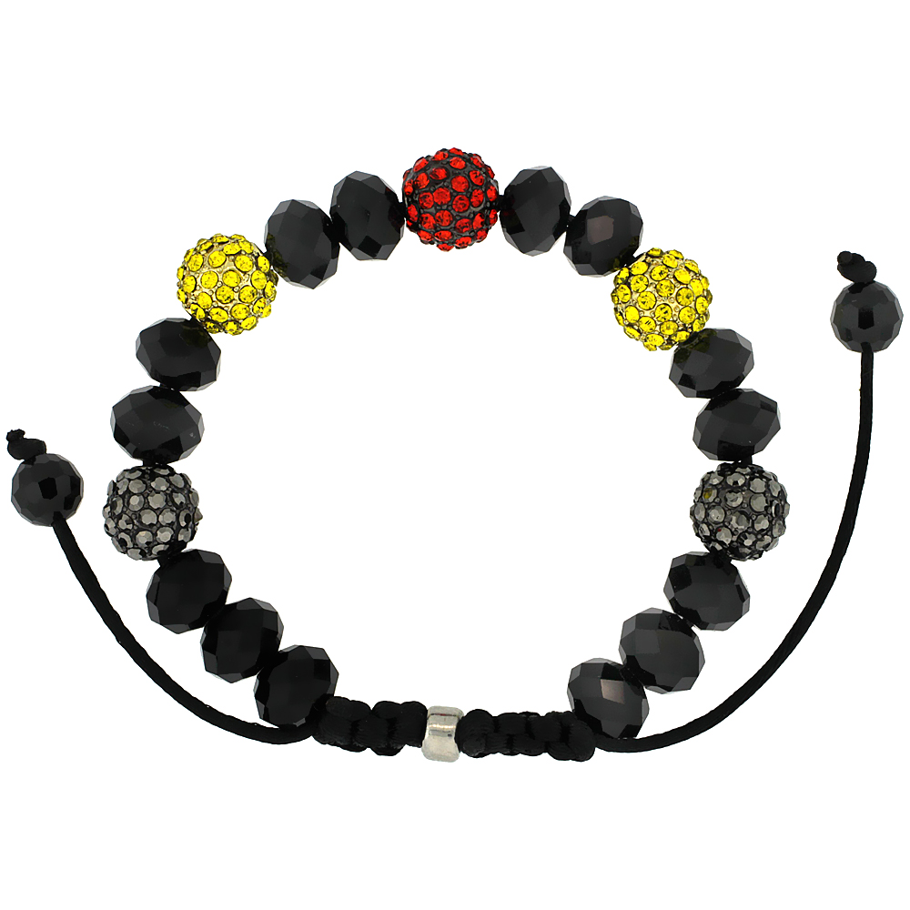 10mm Shamballa Inspired Multi Color Crystal Ball Bracelet Tibetan Macrame Faceted Black Beads, 7-8 inch
