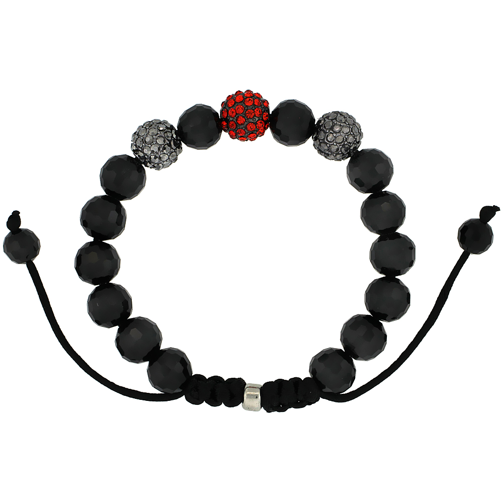 10mm Shamballa Inspired Black &amp; Red Crystal Ball Bracelet Tibetan Macrame Faceted Black Beads, 7-8 inch