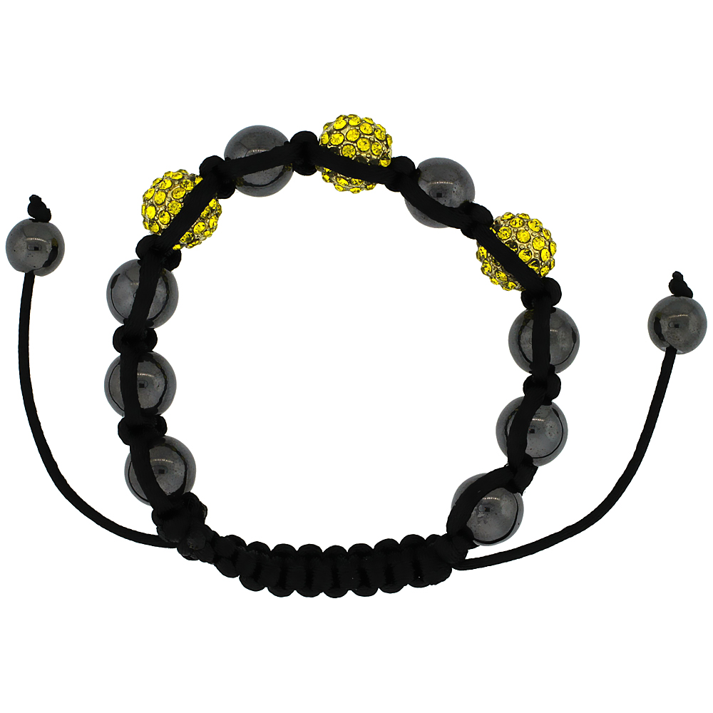 10mm Shamballa Inspired Yellow Crystal Ball Bracelet Tibetan Macrame with Hematite Beads, 7- 8 inch