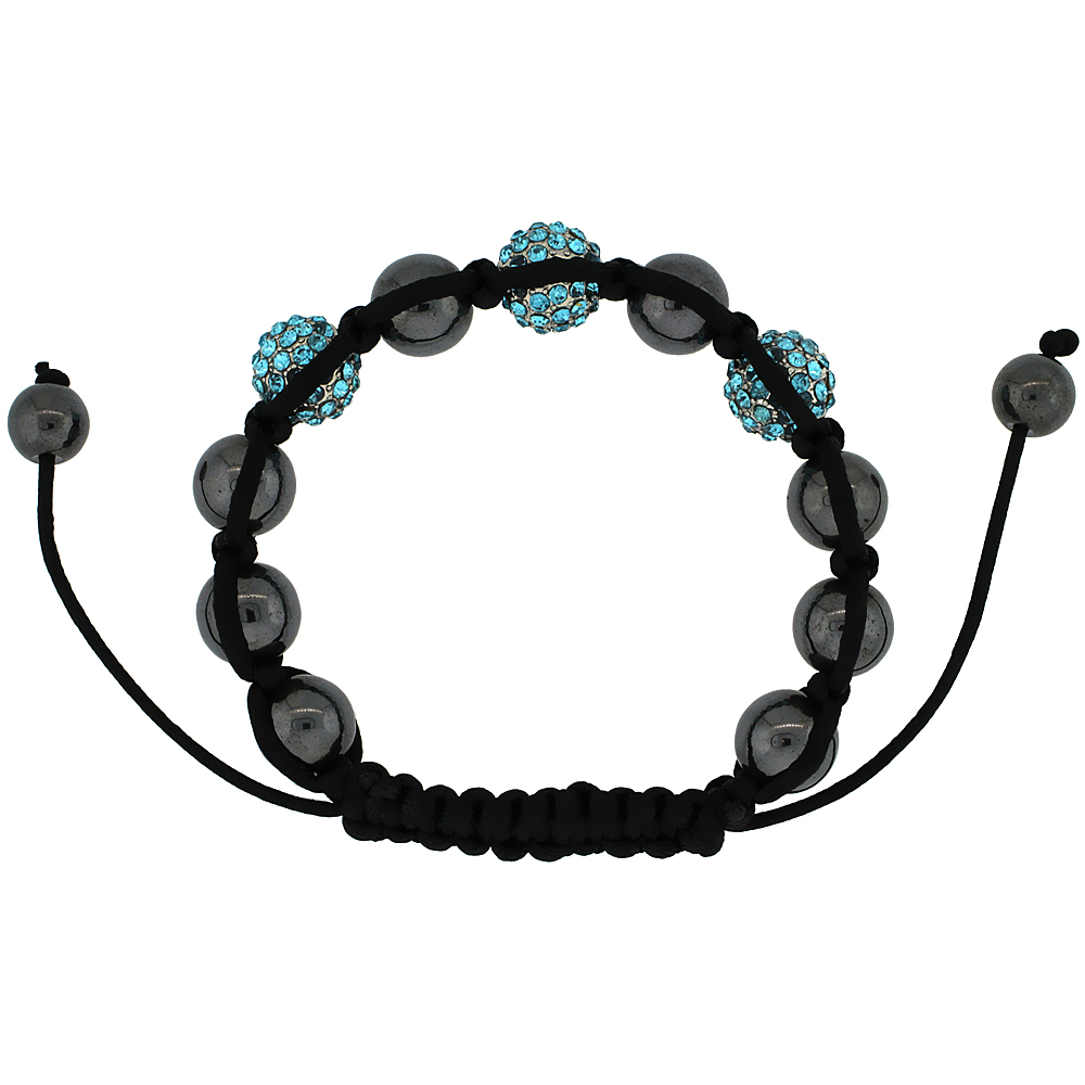 10mm Shamballa Inspired Blue Topaz Crystal Ball Bracelet Tibetan Macrame with Hematite Beads, 7- 8 inch