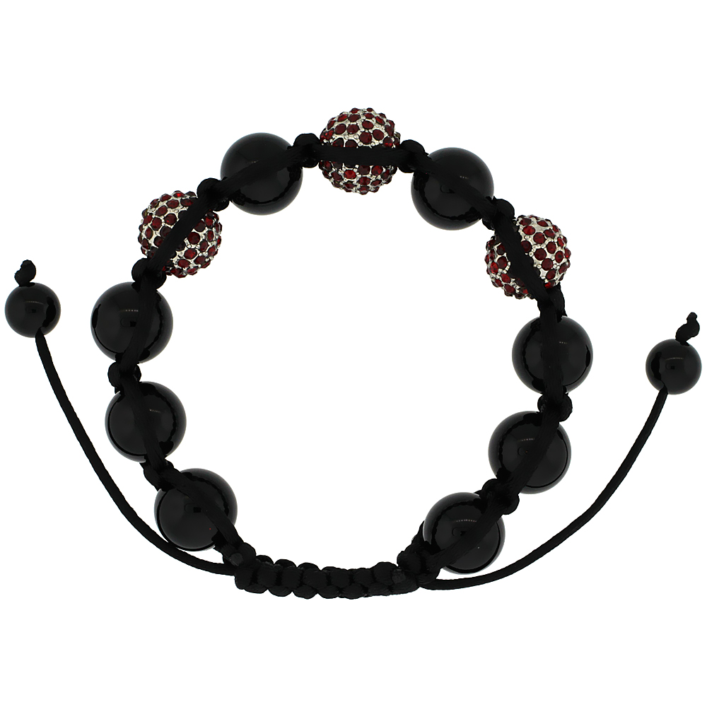 12mm Shamballa Inspired Red Crystal Ball Bracelet Tibetan Macrame with Hematite Beads, 7- 8 inch
