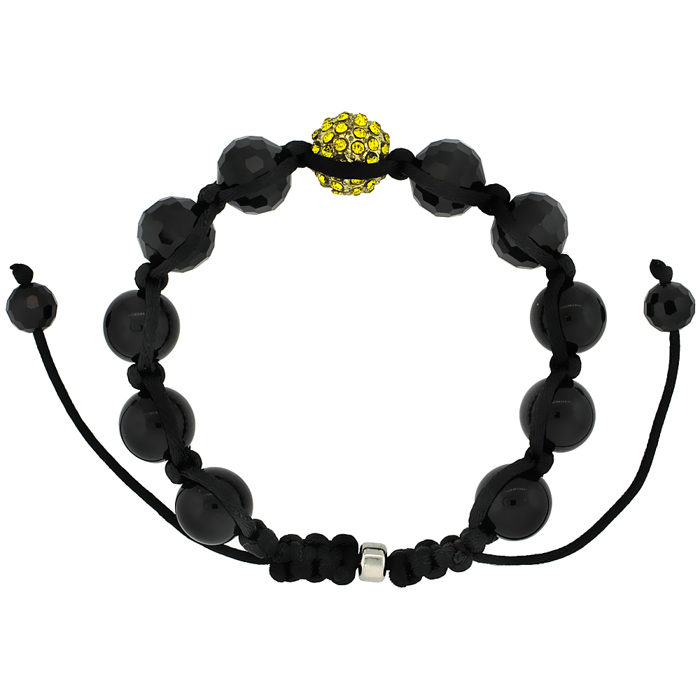 12mm Shamballa Inspired Yellow Crystal Ball Bracelet Tibetan Macrame with Hematite Beads, 7- 8 inch
