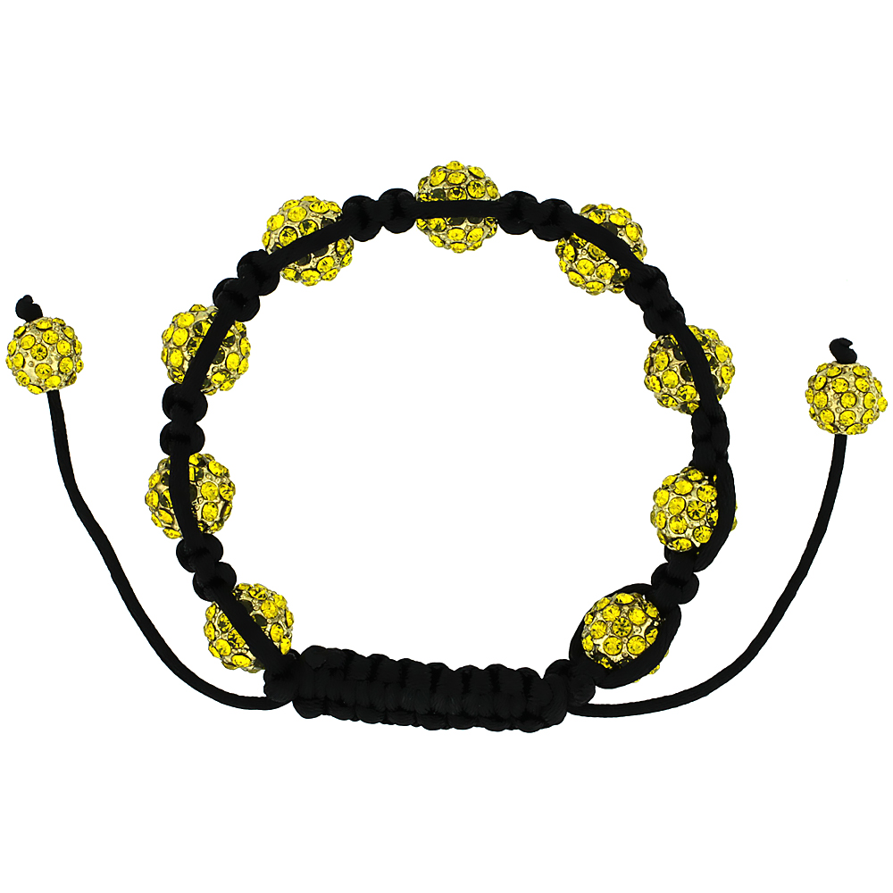 10mm Shamballa Inspired Yellow Crystal Ball Bracelet Tibetan Macrame Adjustable, 7- 8 inch