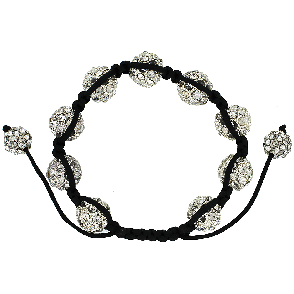 13mm Shamballa Inspired White Crystal Ball Bracelet Tibetan Macrame Adjustable, 7- 8 inch