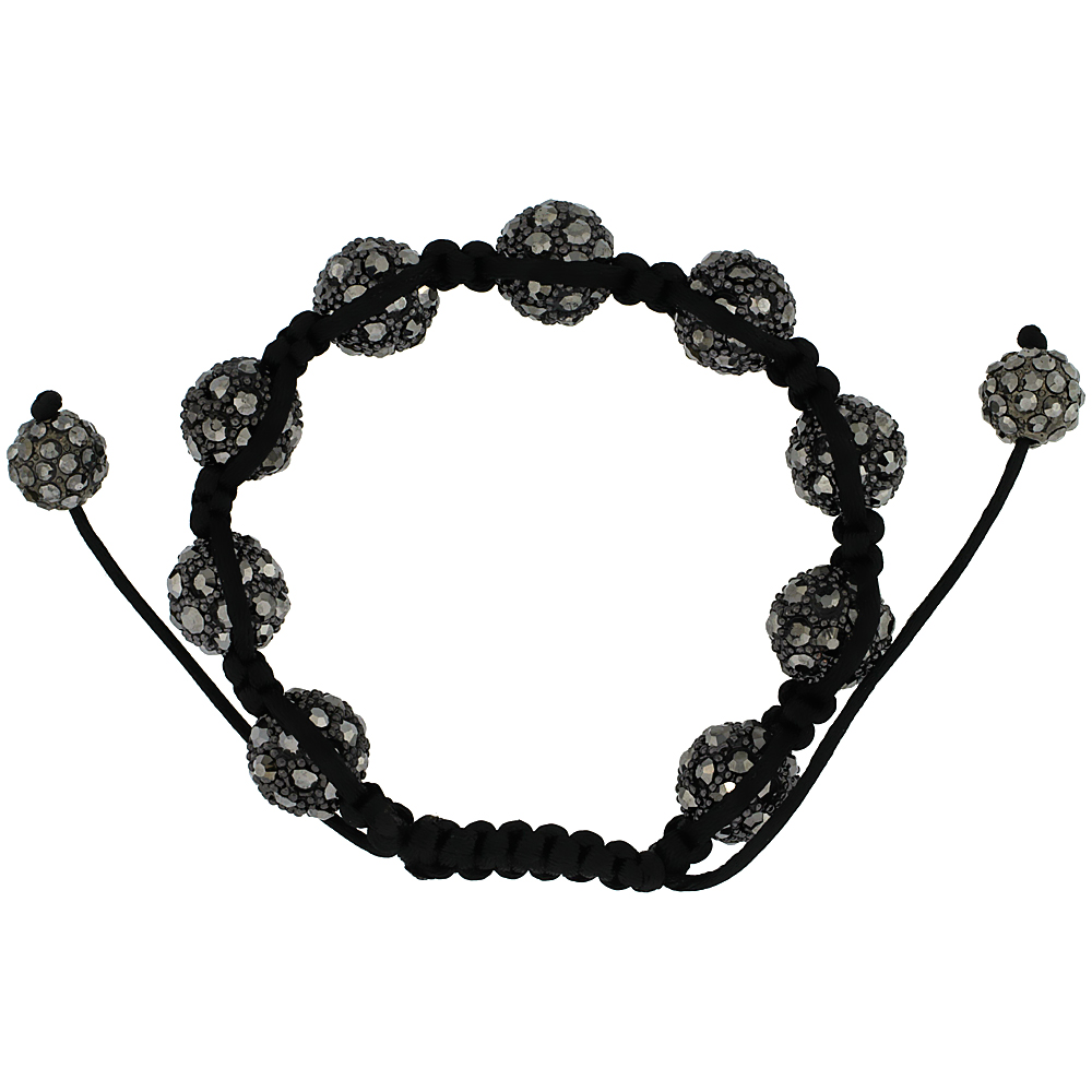 12mm Shamballa Inspired Black Crystal Ball Bracelet Tibetan Macrame Adjustable, 8 - 9 inch