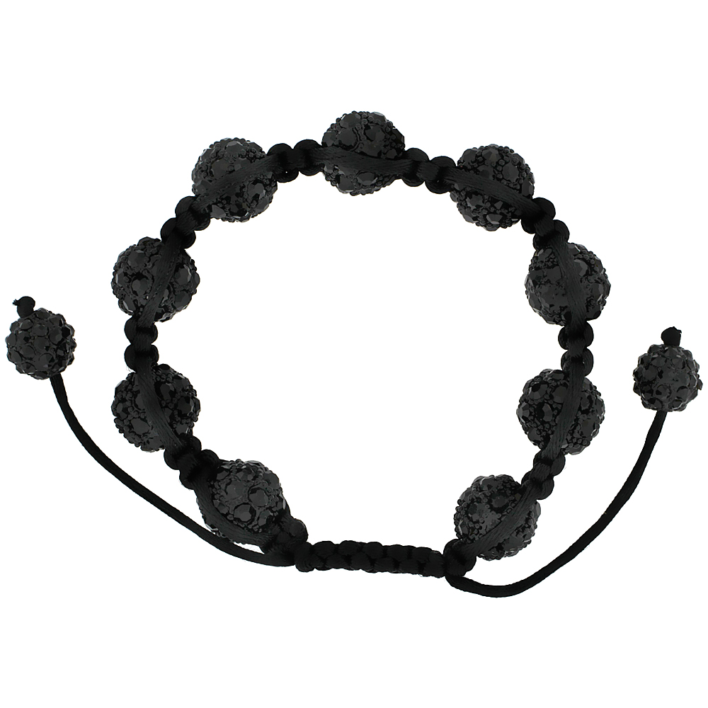 13mm Shamballa Inspired Black Crystal Ball Bracelet Tibetan Macrame Adjustable, 8 - 9 inch