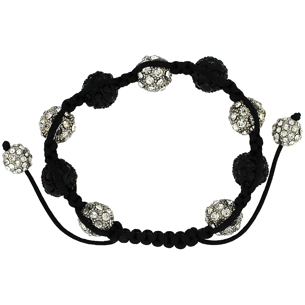 13mm Shamballa Inspired White & Black Crystal Ball Bracelet Tibetan Macrame Adjustable, 8 - 9 inch