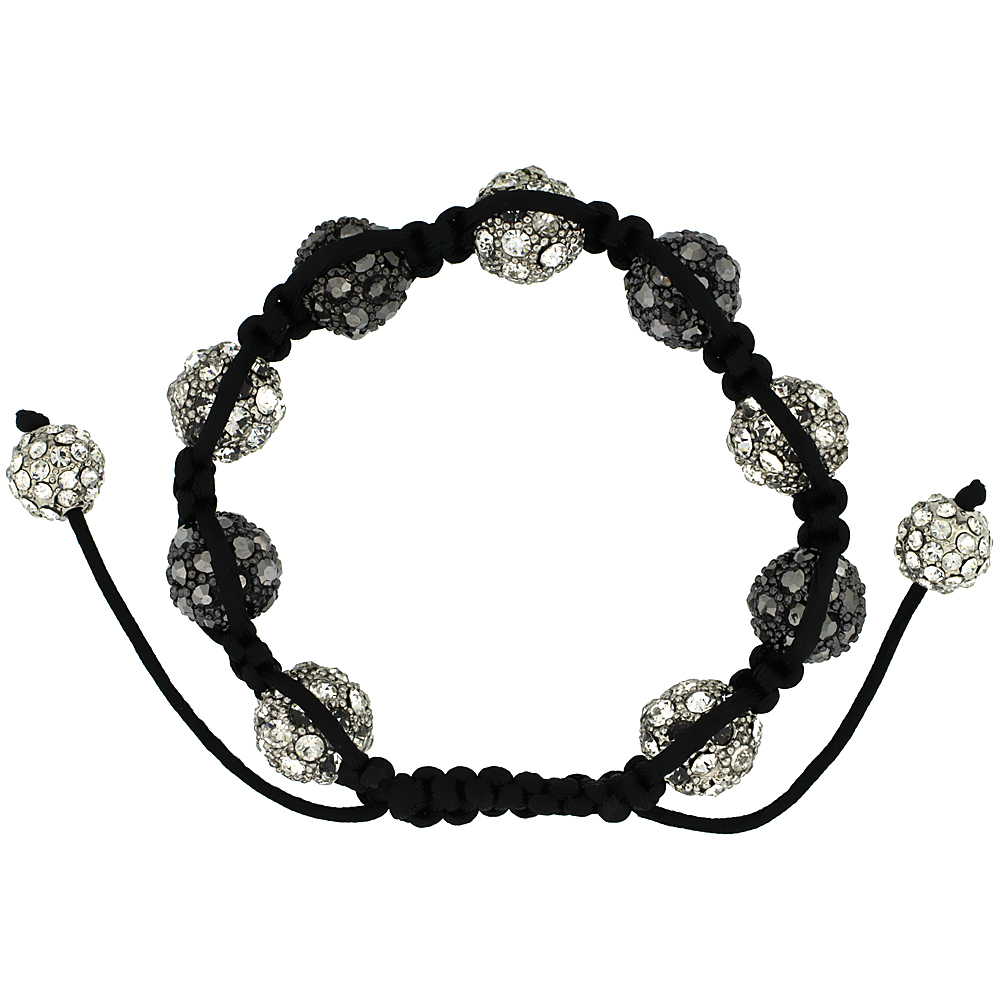 12mm Shamballa Inspired White &amp; Black Crystal Ball Bracelet Tibetan Macrame Adjustable, 7- 8 inch