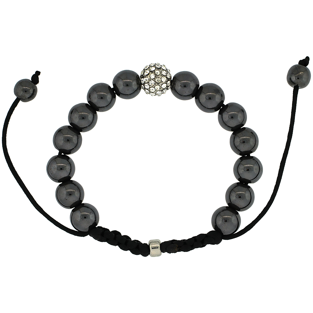10mm Shamballa Inspired Crystal Ball Bracelet Tibetan Macrame with Hematite Beads, 7- 8 inch