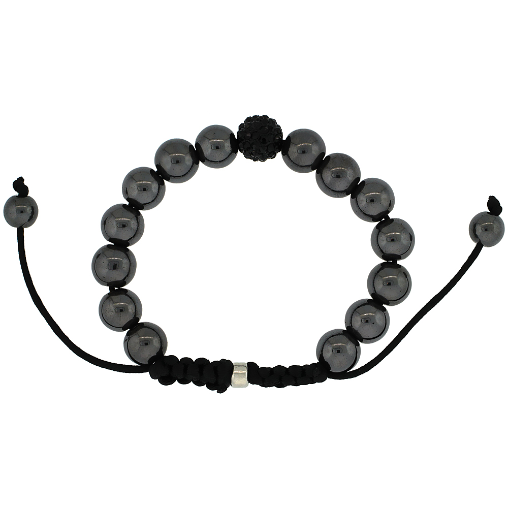 10mm Shamballa Inspired Black Crystal Ball Bracelet Tibetan Macrame with Hematite Beads, 7- 8 inch