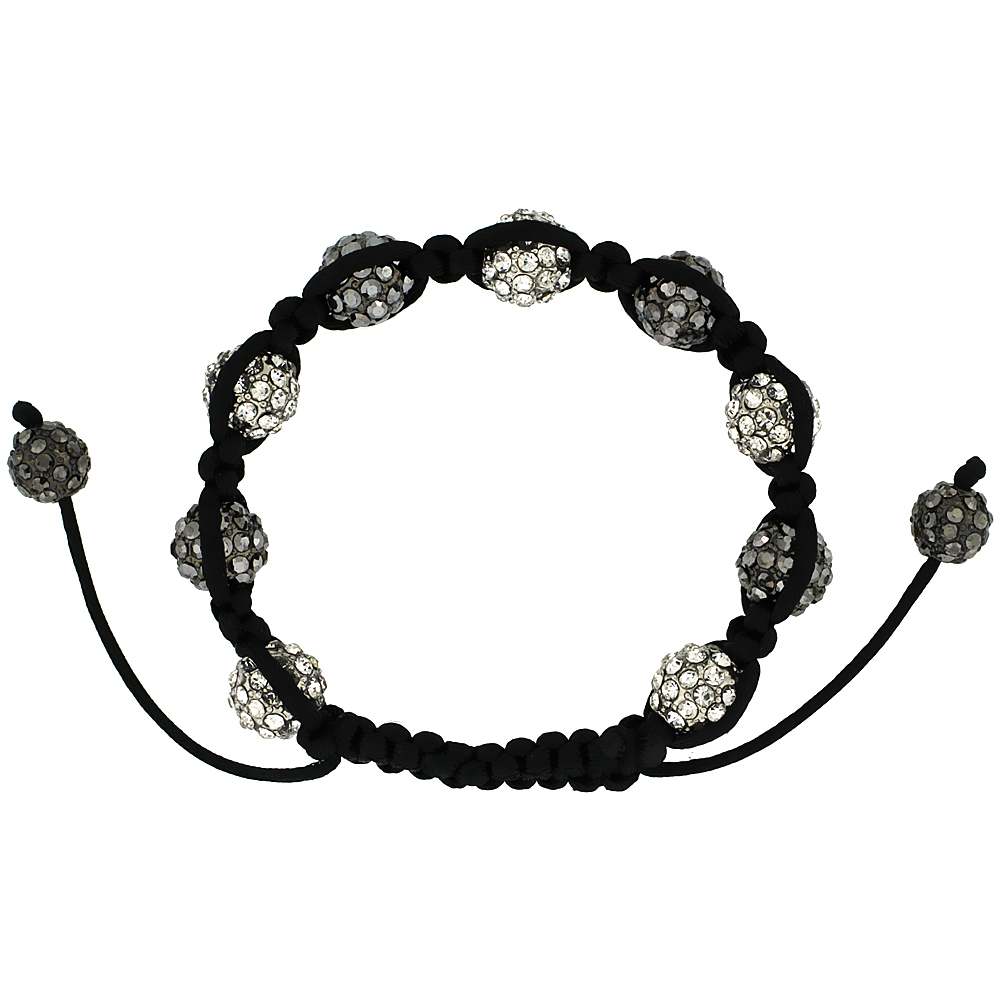 10mm Shamballa Inspired White &amp; Black Crystal Ball Bracelet Tibetan Macrame Adjustable, 7- 8 inch