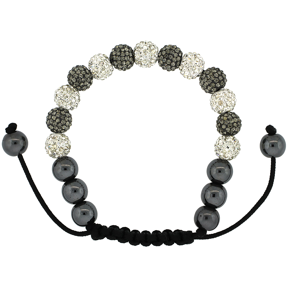 8mm Shamballa Inspired White &amp; Black Crystal Ball Bracelet Tibetan Macrame with Hematite Beads, 7- 8 inch