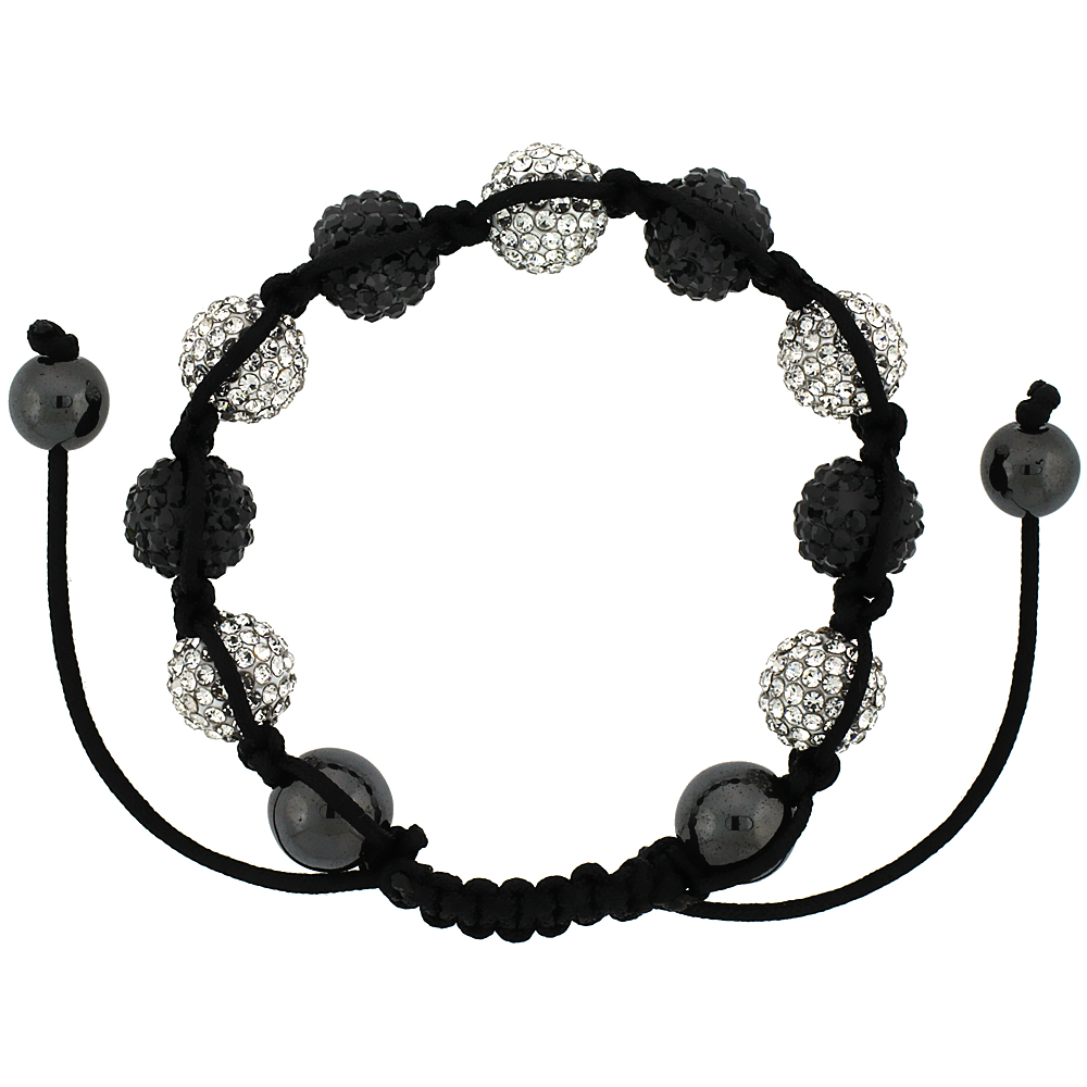 10mm Shamballa Inspired White &amp; Black Crystal Ball Bracelet Tibetan Macrame with Hematite Beads, 7-8 inch