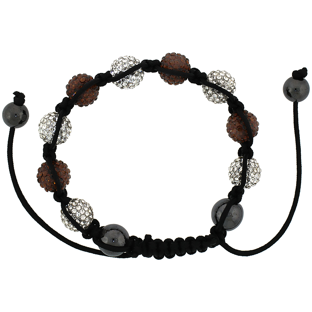 10mm Shamballa Inspired White &amp; Brown Crystal Ball Bracelet Tibetan Macrame with Hematite Beads, 7-8 inch