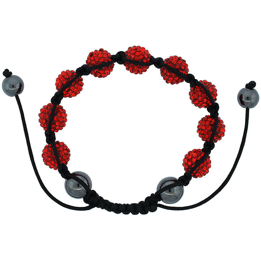 10mm Shamballa Inspired Red Crystal Ball Bracelet Tibetan Macrame with Hematite Beads, 7- 8 inch