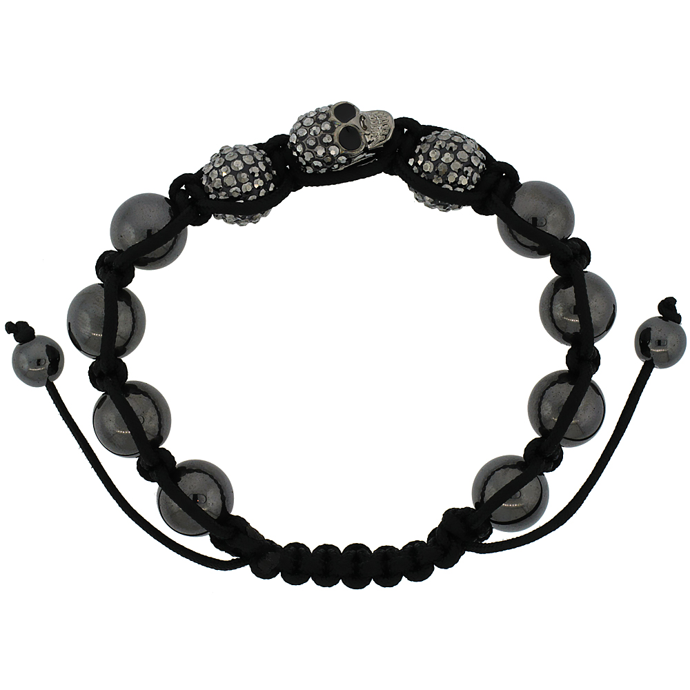 12mm Shamballa Inspired Black Crystal Skull Bracelet Tibetan Macrame with Hematite Beads, 8- 9 inch