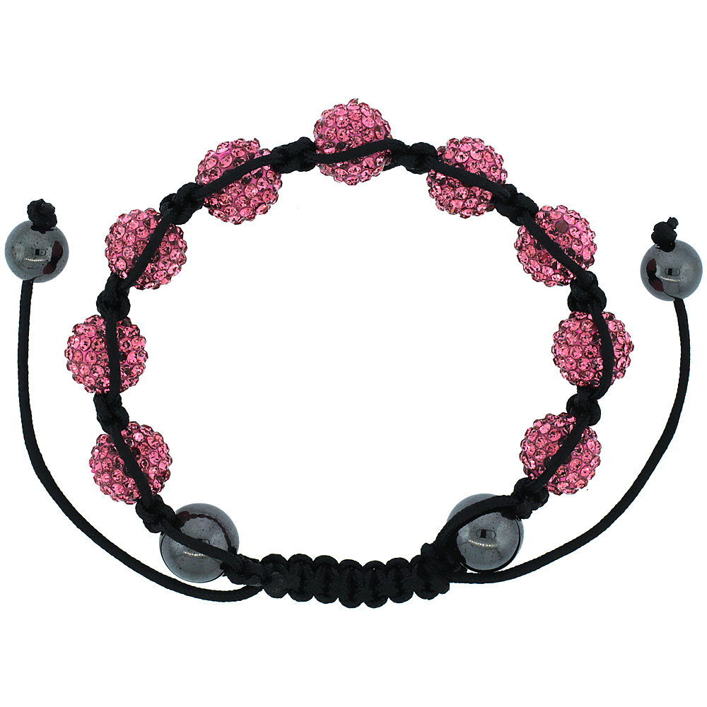 10mm Shamballa Inspired Pink Crystal Ball Bracelet Tibetan Macrame with Hematite Beads, 7- 8 inch