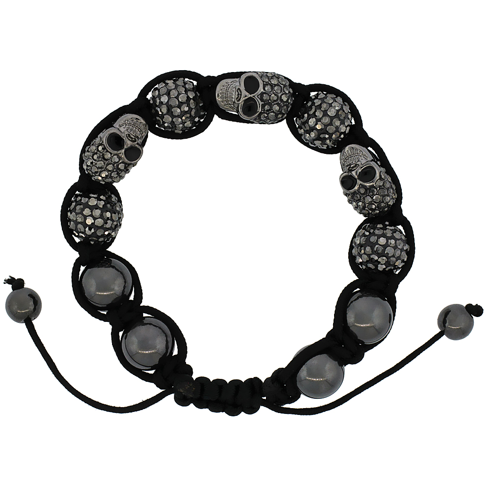 12mm Shamballa Inspired Black Crystal Skull Bracelet Tibetan Macrame with Hematite Beads, 7- 8 inch