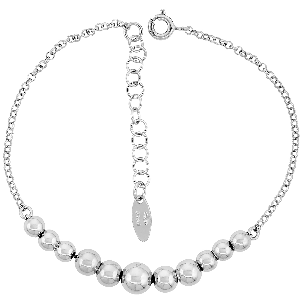 Sterling Silver Bead Bracelet 6 mm Graduated Plain Rhodium Italy, 6.5 inch + 1 inch extension