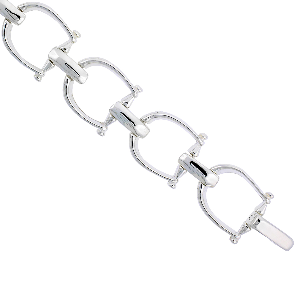 Sterling Silver Stirrup Equestrian Bracelet High Polished 11/16 inch wide, 7.5 inches long