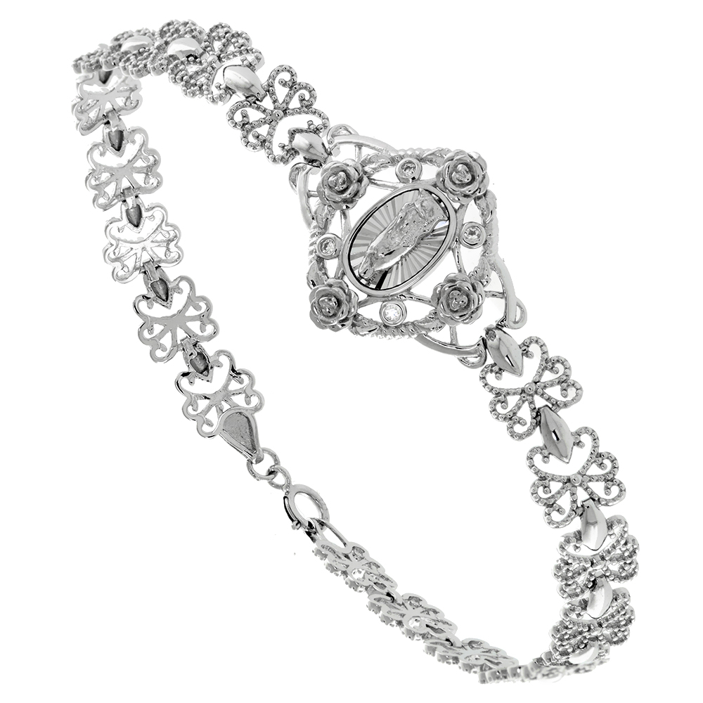 Sterling Silver CZ Lady of Guadalupe Bracelet for Women with Rosebuds Scrolled Links Radiant Nimbus Back Rhodium Finish 7 inch