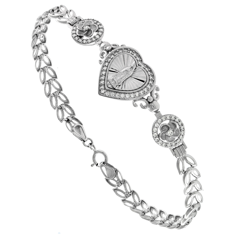 STERLING SILVER LADY OF GUADALUPE BRACELET FOR WOMEN ON RADIANT HEART CZ HALO WITH PLUMERIA FLOWERS CHEVRON LINK RHODIUM FINISH 7 INCH LONG