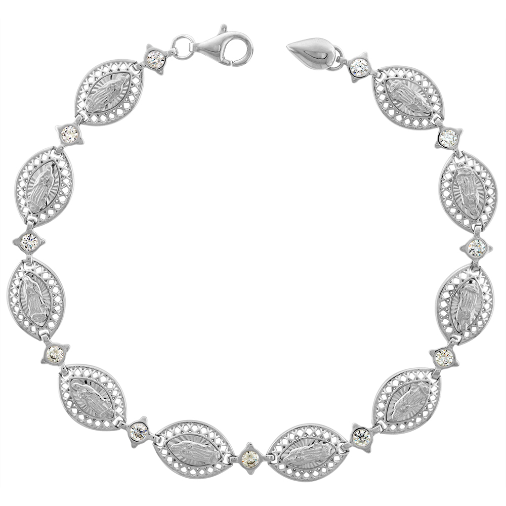 Sterling Silver Linked Lady of Guadalupe Bracelet for Women 4mm CZ Spacers Crisscross Border Marquise Shape Rhodium Finish 7.5 inch
