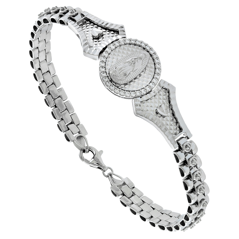 Sterling Silver Lady of Guadalupe Bracelet for Women CZ Halo Pyramid Diamond Cut Back Rolex Style Links Rhodium Finish 7 inch