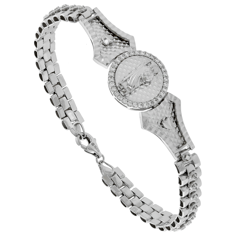 Sterling Silver St Jude Bracelet for Women CZ Halo Pyramid Diamond Cut Back Rolex Style Links Rhodium Finish 7 inch