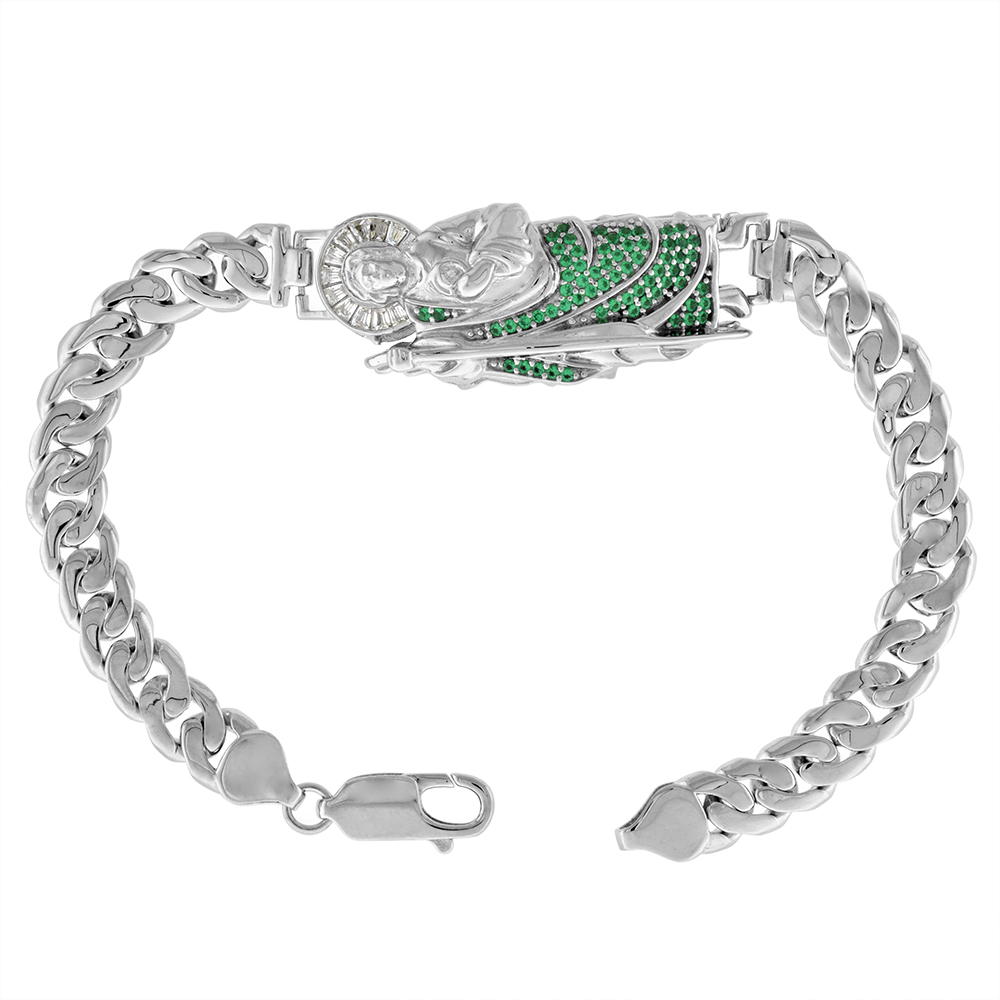 6mm Wide Sterling Silver Cubic Zirconia Green St Jude Bracelet for Women Cuban Chain Links Rhodium Finish Lobster Clasp 7 inch