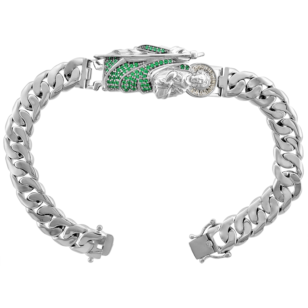 10mm Wide Sterling Silver Cubic Zirconia Green St Jude Bracelet for Men Cuban Chain Links Rhodium Finish Box Clasp 8 inch