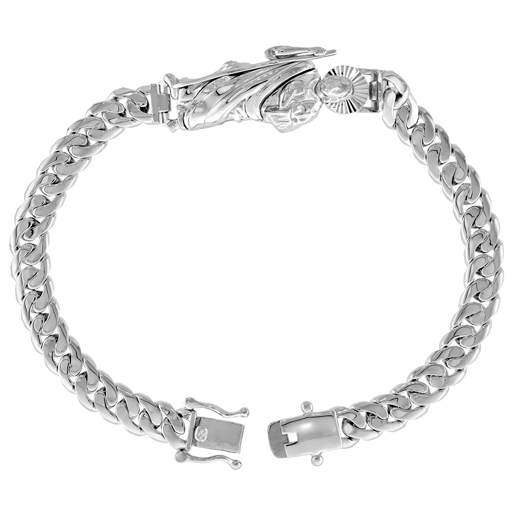 Sterling Silver St Jude Bracelet for Men 6mm Cuban Link Diamond Cut Aureole Box Clasp Rhodium Finish 8 inch long