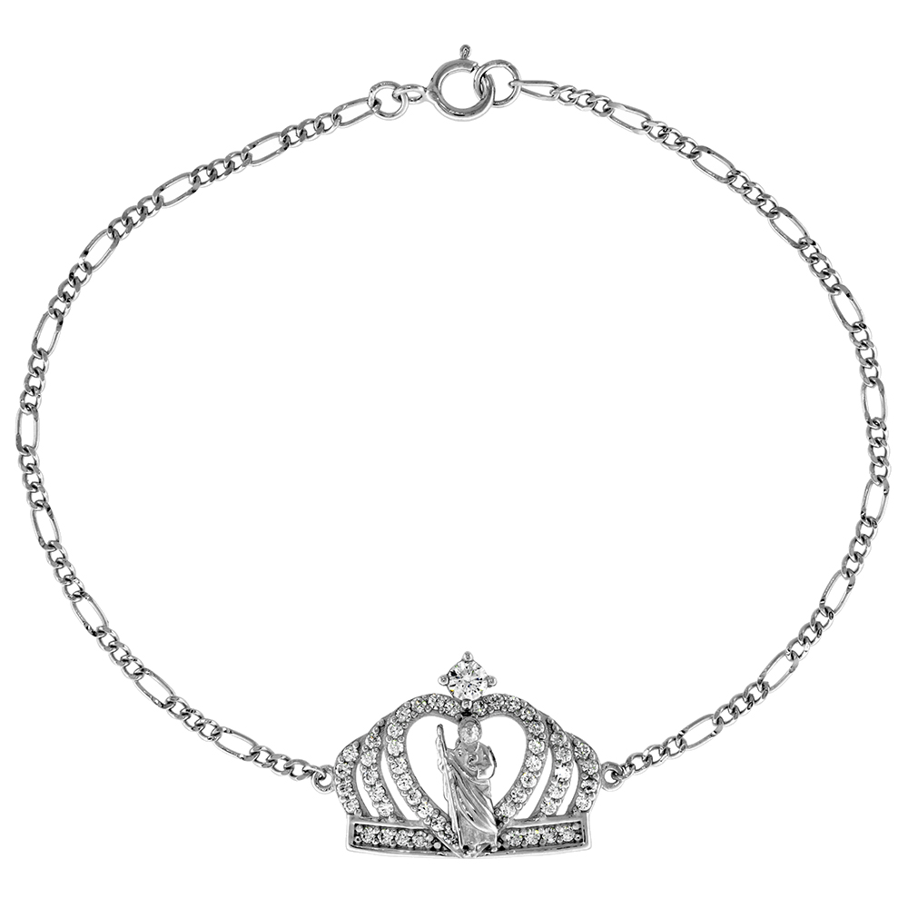 Sterling Silver Micropave CZ St Jude Crown Bracelet for Women 2mm Figaro Link Rhodium Finish 7 inch