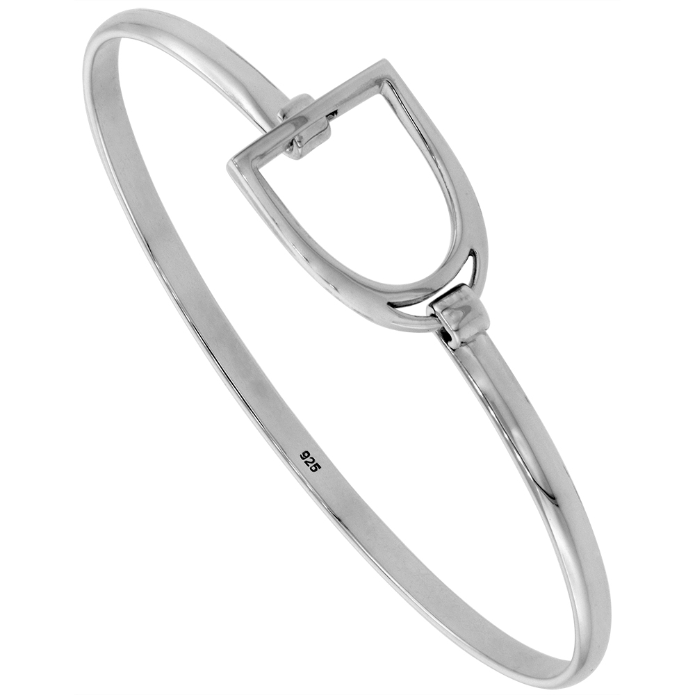 5/8 wide Sterling Silver Stirrup Bangle Bracelet for Women Hook and Eye Clasp Flawless High Polish Finish 7 inch wrist size
