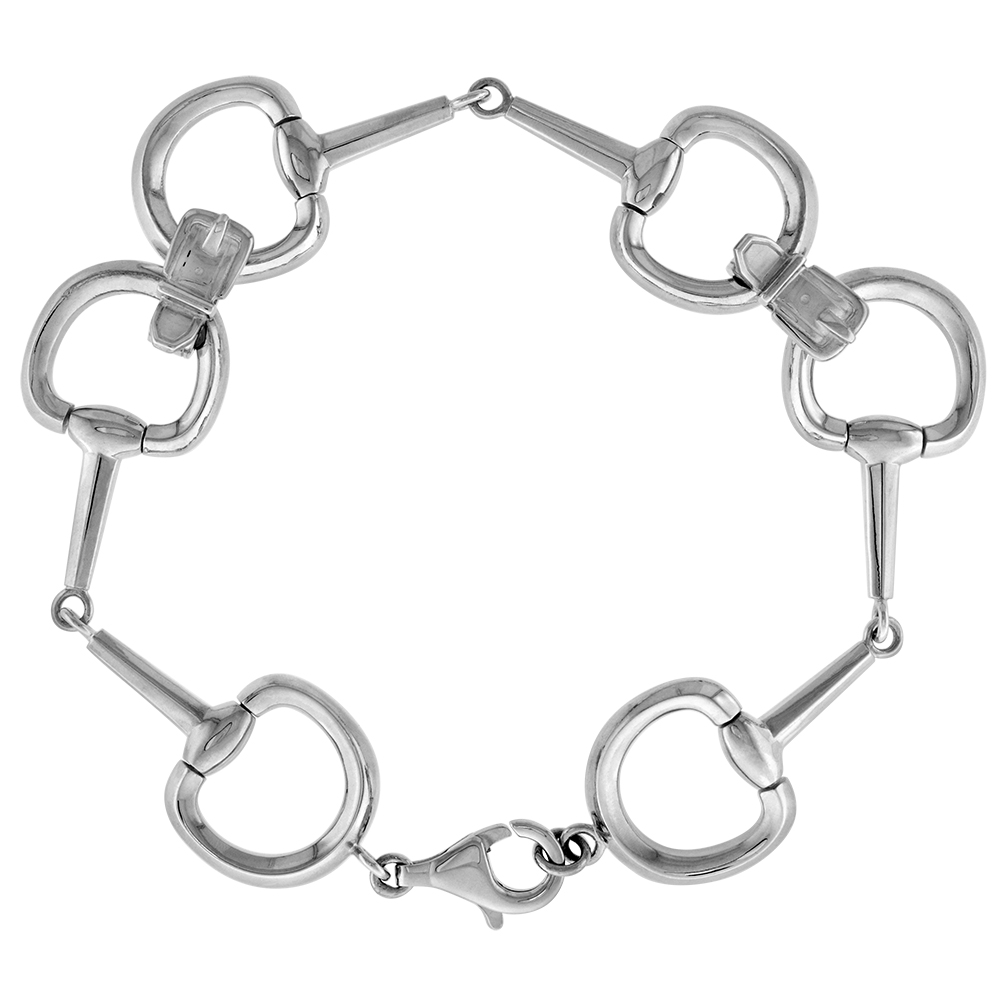5/8 WIDE STERLING SILVER LINKED SNAFFLE BIT BRACELET FOR WOMEN DEE RING TYPE WITH BUCKLE FLAWLESS HIGH POLISH FINISH 7.5 INCH LONG