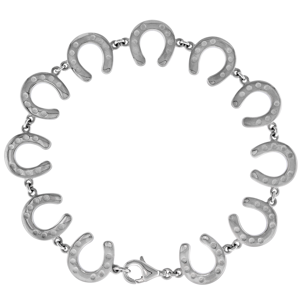 1/2 WIDE STERLING SILVER LINKED HORSESHOES BRACELET FOR WOMEN FLAWLESS HIGH POLISH FINISH 7.5 INCH LONG