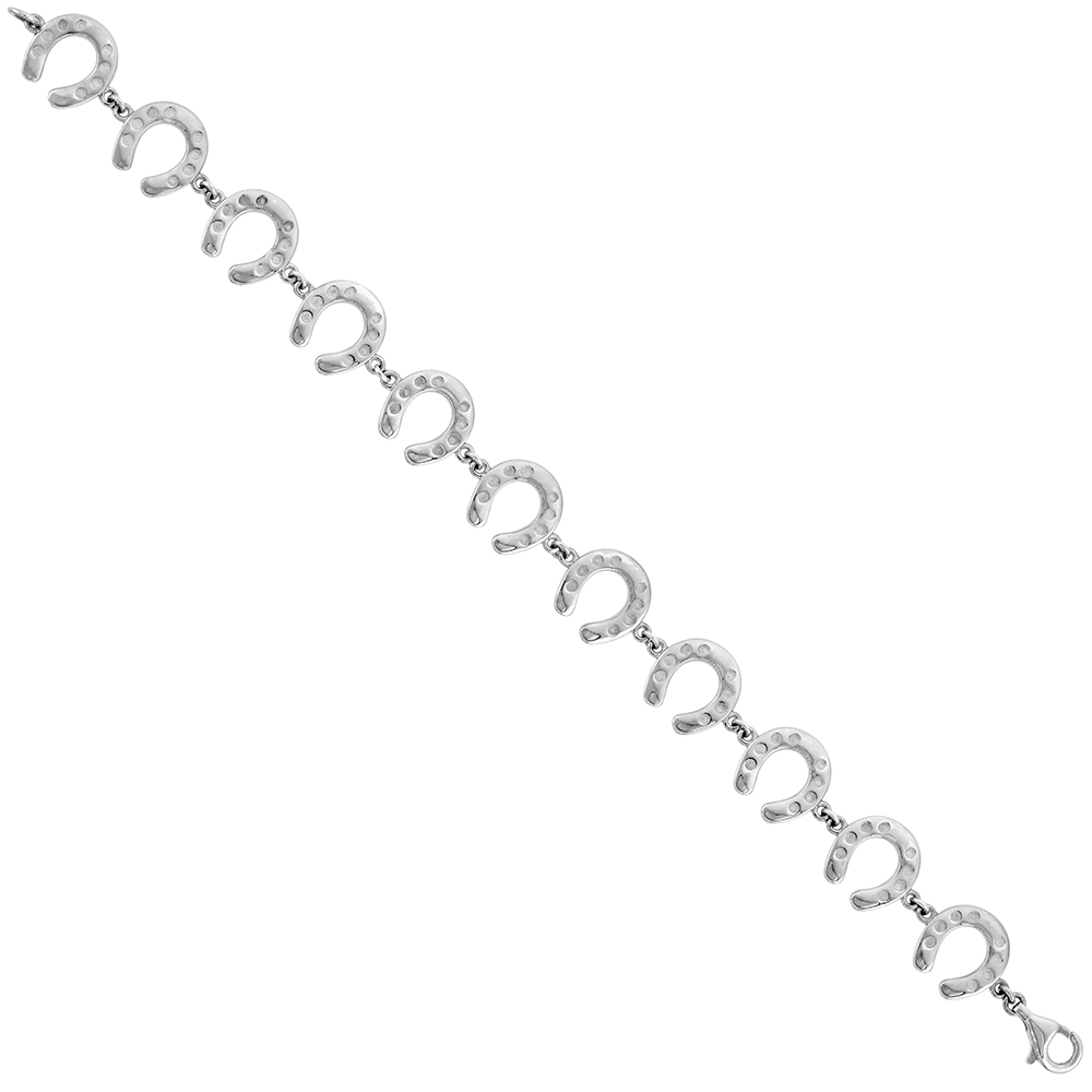 1/2 wide Sterling Silver Linked Horseshoes Bracelet for Women Flawless High Polish Finish 7.5 inch long