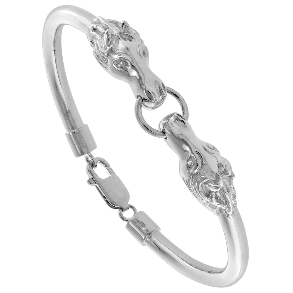 Sterling Silver Door Knocker Double Horse Head Bangle Bracelet for Women Hinged Flawless High Polish fits wrists 7.5 inch