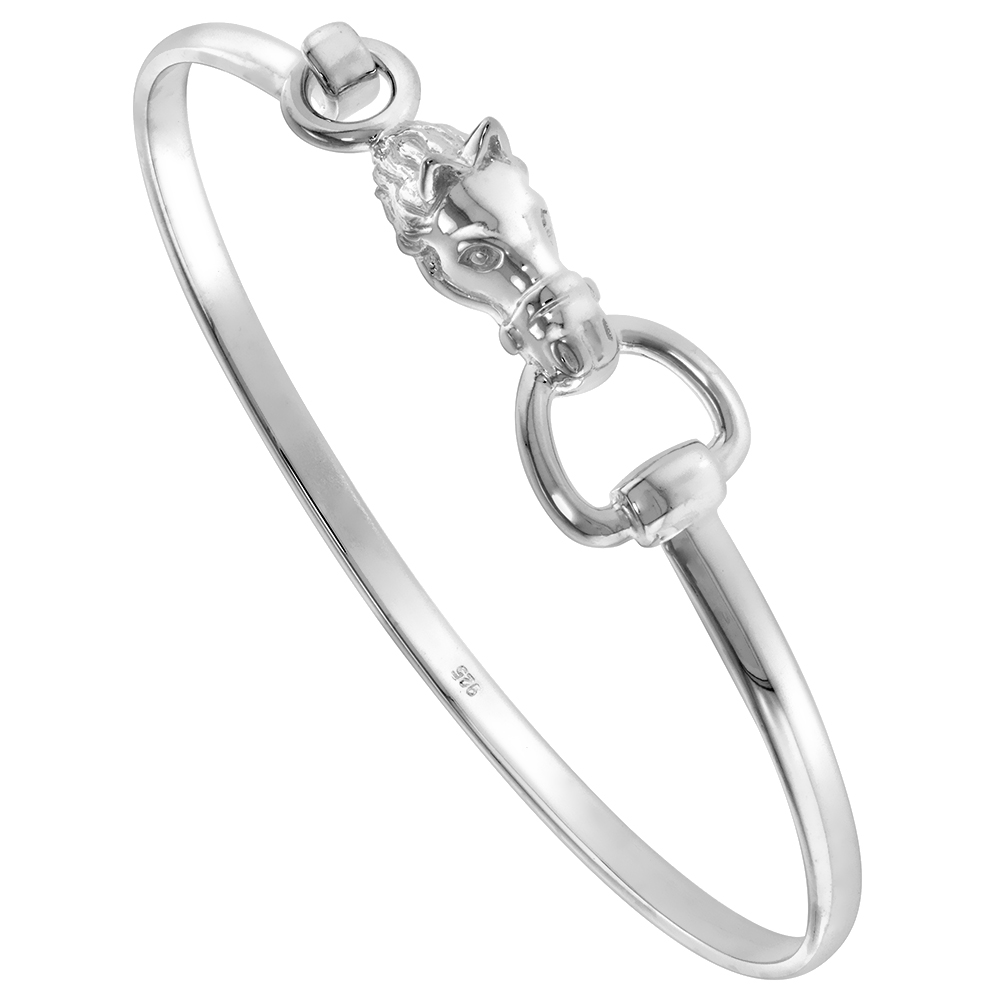 Sterling Silver Eggbutt Bit Horse Head Bangle Bracelet Hook & Eye Catch Women Flawless Polished Finish fits 7 inch wrist sizes