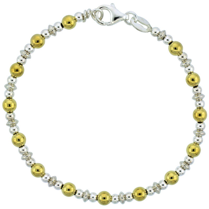 Sterling Silver Saucer Bead Bracelet w/ Gold Finish (Available in 7 in. &amp; 8 in.), 5/32 in. (4 mm) wide