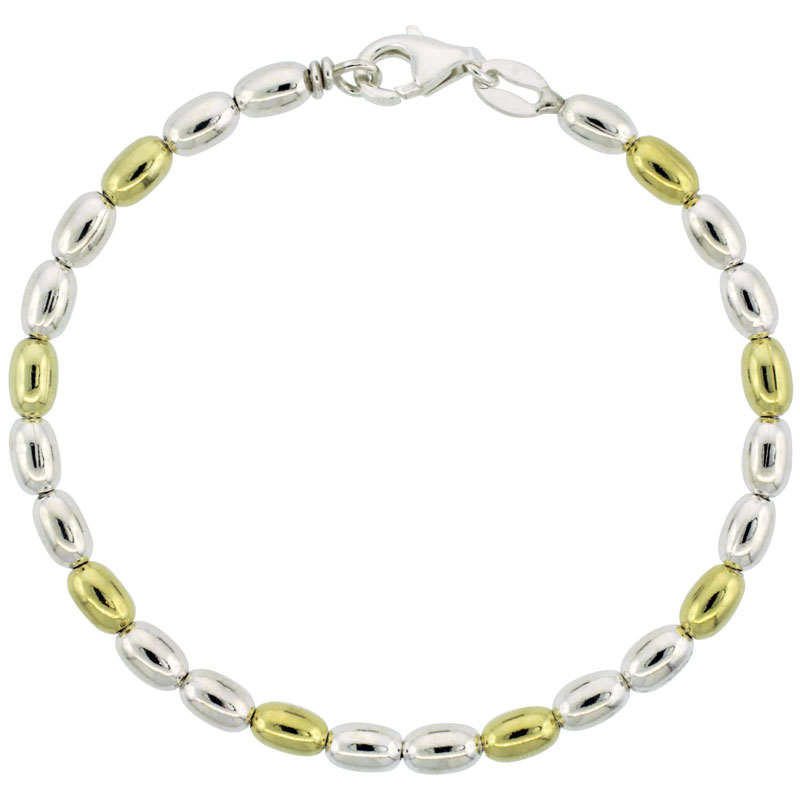 Sterling Silver Egg-shaped Oval Bead Bracelet w/ Gold Finish (Available in 7 in. &amp; 8 in.), 5/32 in. (4 mm) wide