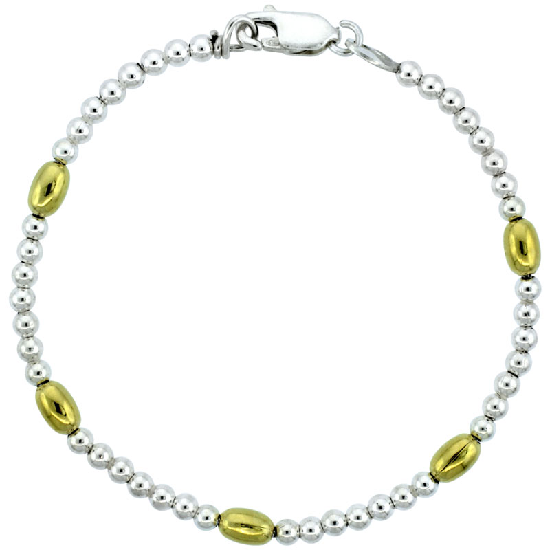Sterling Silver Polished Bead Bracelet w/ Gold Finish (Available in 7 in. &amp; 8 in.), 5/32 in. (4 mm) wide