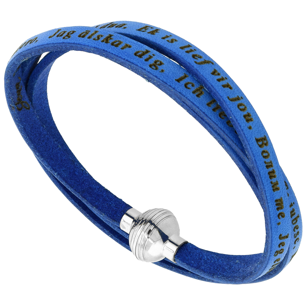 Italian Full Grain 3 Wrap Blue Leather I Love You Bracelet Stainless Steel Magnetic Clasp 22.5 Inch