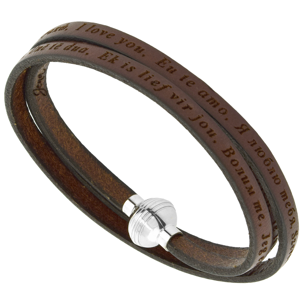Italian Full Grain 3 Wrap Brown Leather I Love You Bracelet Stainless Steel Magnetic Clasp 24 inch