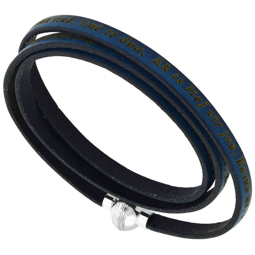 Italian Full Grain 3 Wrap Dark Blue Leather I Love You Bracelet Stainless Steel Magnetic Clasp 22.5 Inch