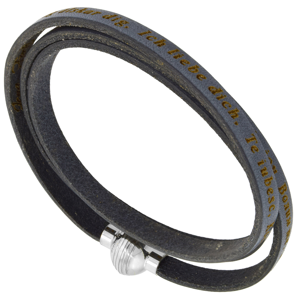 Italian Full Grain 3 Wrap Gray Leather I Love You Bracelet Stainless Steel Magnetic Clasp 24 inch