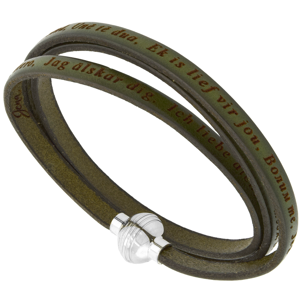 Italian Full Grain 3 Wrap Olive Green Leather I Love You Bracelet Stainless Steel Magnetic Clasp 21 inch