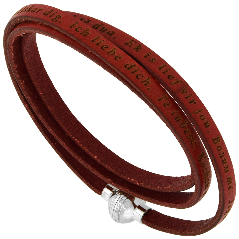 Italian Full Grain 3 Wrap Red Leather I Love You Bracelet Stainless Steel Magnetic Clasp 24 inch