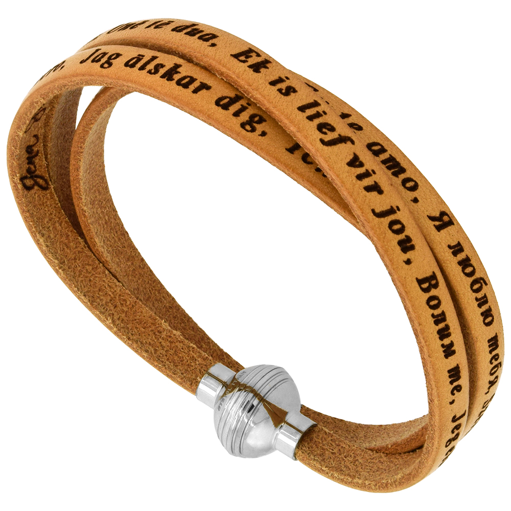 Italian Full Grain 3 Wrap Tan Leather I Love You Bracelet Stainless Steel Magnetic Clasp 21 inch